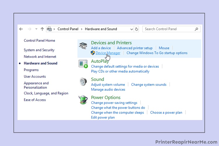 Device Manager window - Epson printer offline